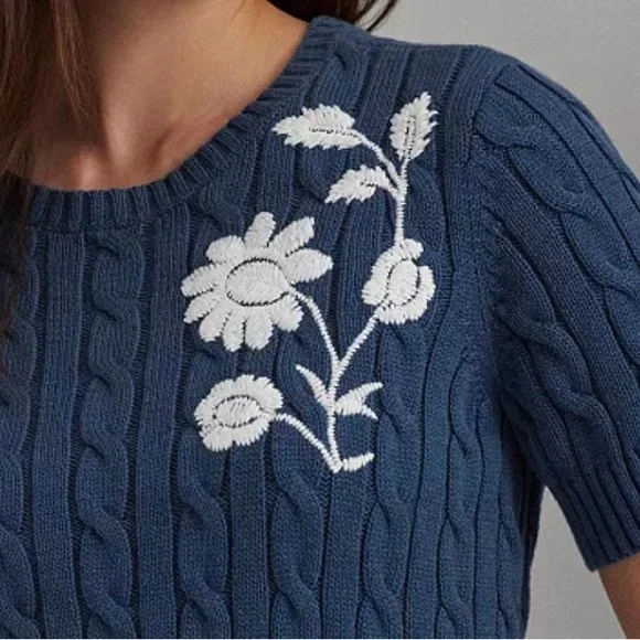 NWT - Lauren Ralph Lauren Embroidered Cable-Knit Sweater; Size Small - Picture 2 of 6